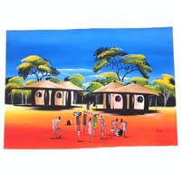 African Hut African Art Village Life During The Day (29" X 17") (CASE OF 1 x 50g)