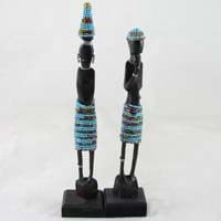 African Hut Wooden Statue Pair Small with Light Blue Beading (Approx. 9 Inches) (CASE OF 5 x 166g)