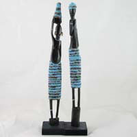 African Hut Wooden Statue Pair Medium with Light Blue Beading (Approx. 13 Inches) (CASE OF 5 x 166g)