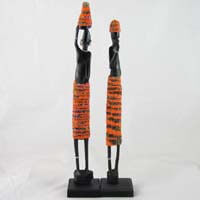 African Hut Wooden Statue Pair Medium with Orange Beading (Approx. 13 Inches) (CASE OF 5 x 166g)